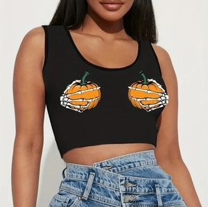 Pumpkin & Skull Hand Print Crew Neck Tank Top
